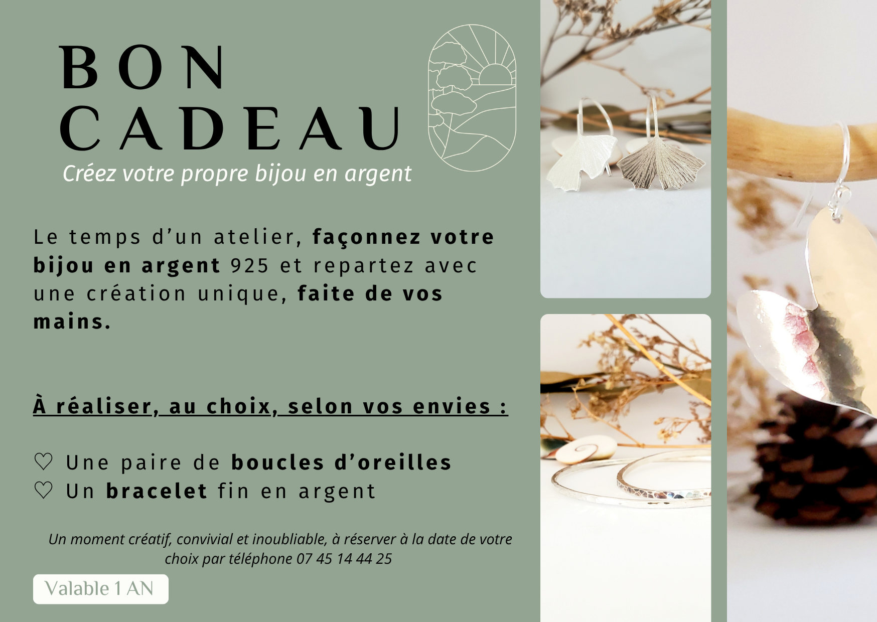Carte cadeau Sealvie atelier bracelet ou boucles d'oreilles en argent